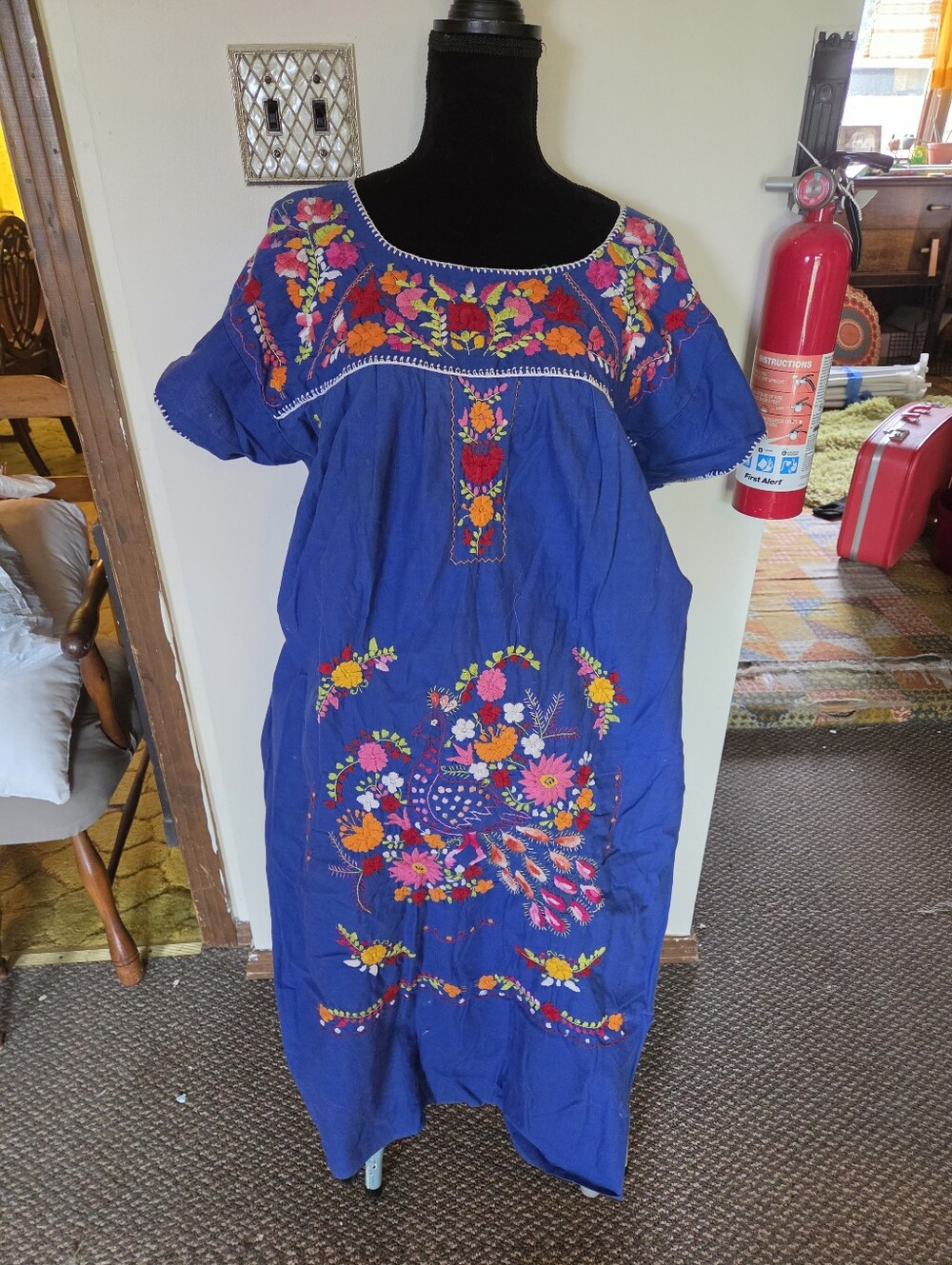 Vintage Authentic Handmade Mexican Puebla Dress | Royal Blue Peacock Embroidered